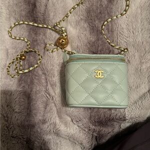 Chanel Mini Pearl Crush Vanity Case with Chain Quilted Lambskin mint green